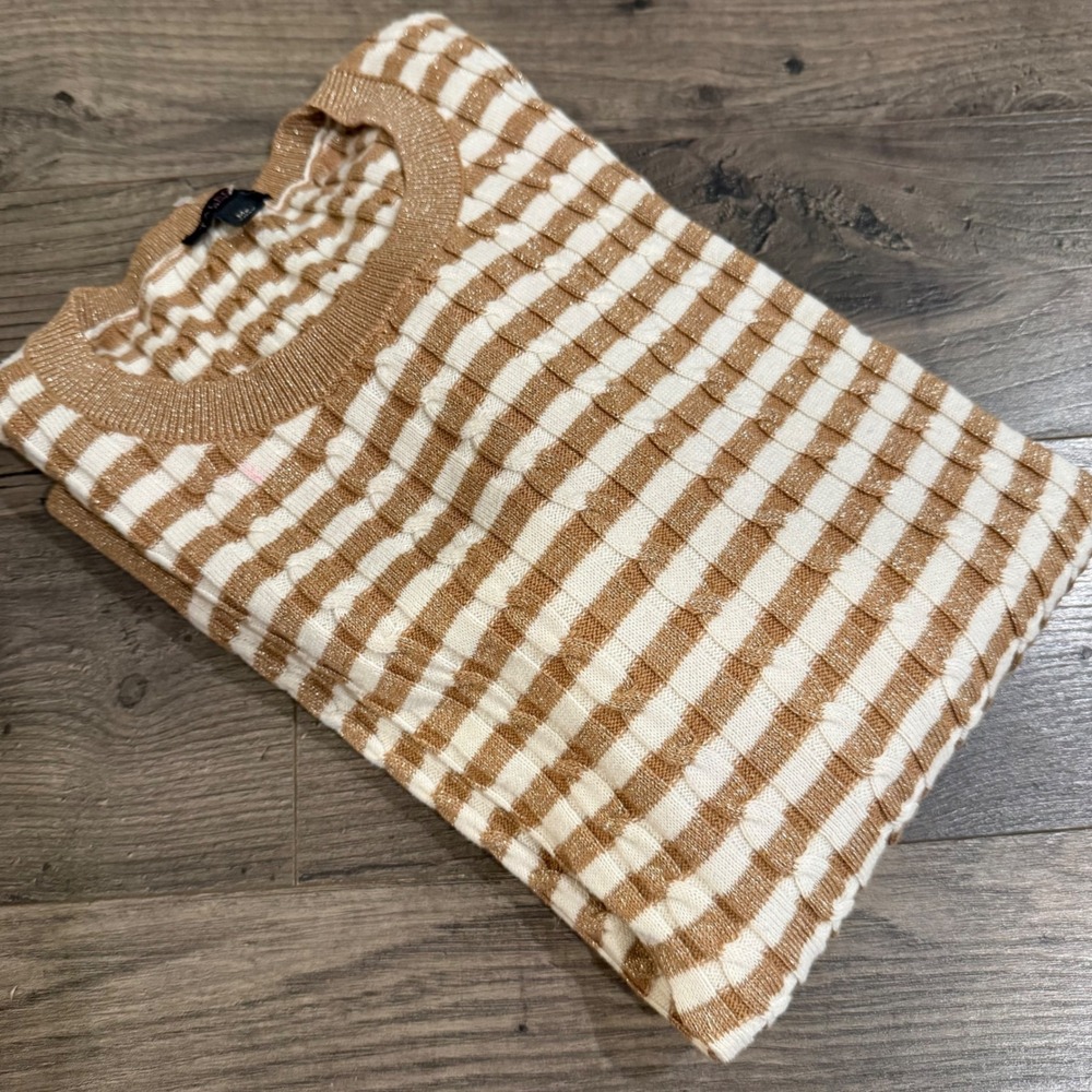 Talbots‎ Petites Tan White Striped Cable Knit Metallic Shimmer Sweater MP Medium